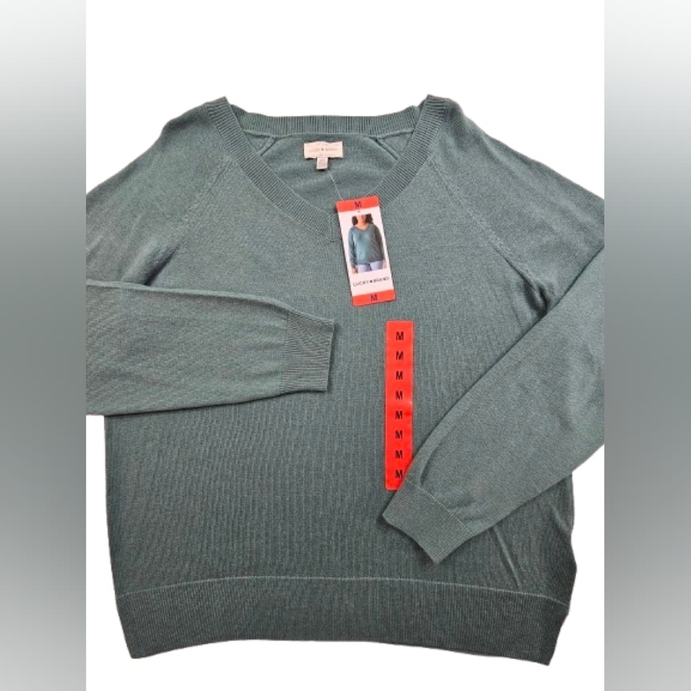 NEW Lucky Brand V Neck Ribbed Womens M Green Sea Pine Sweater Soft Cozy Pullover - Picture 3 of 10